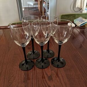 Set of 5, Vintage Luminarc Black Stem Wine Glasses